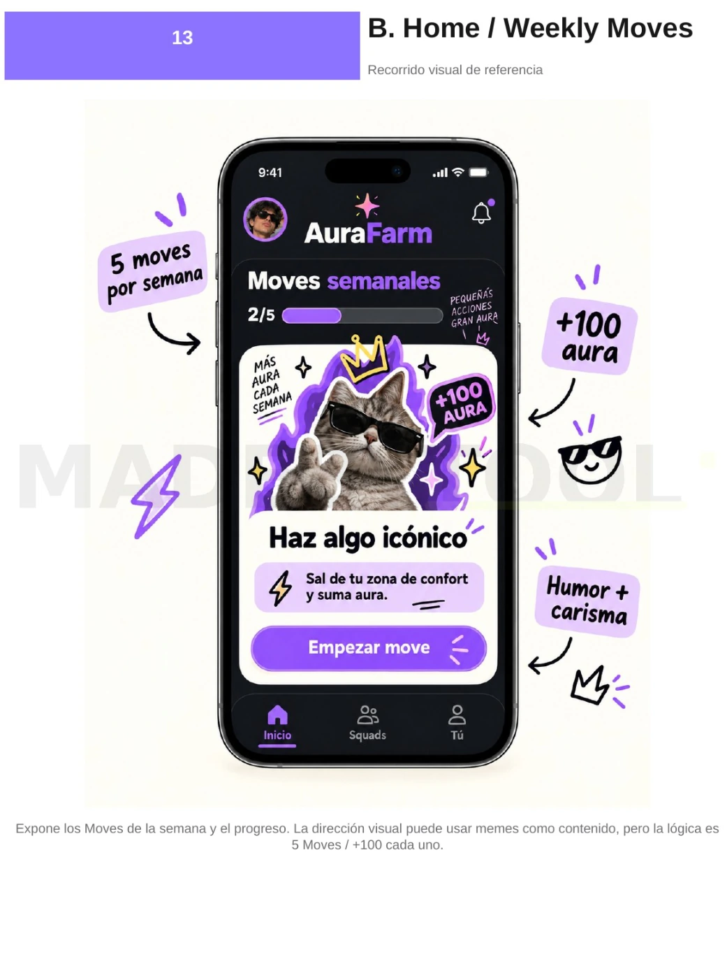 Mockup original de AuraFarm: pantalla de inicio con los Weekly Moves de la semana