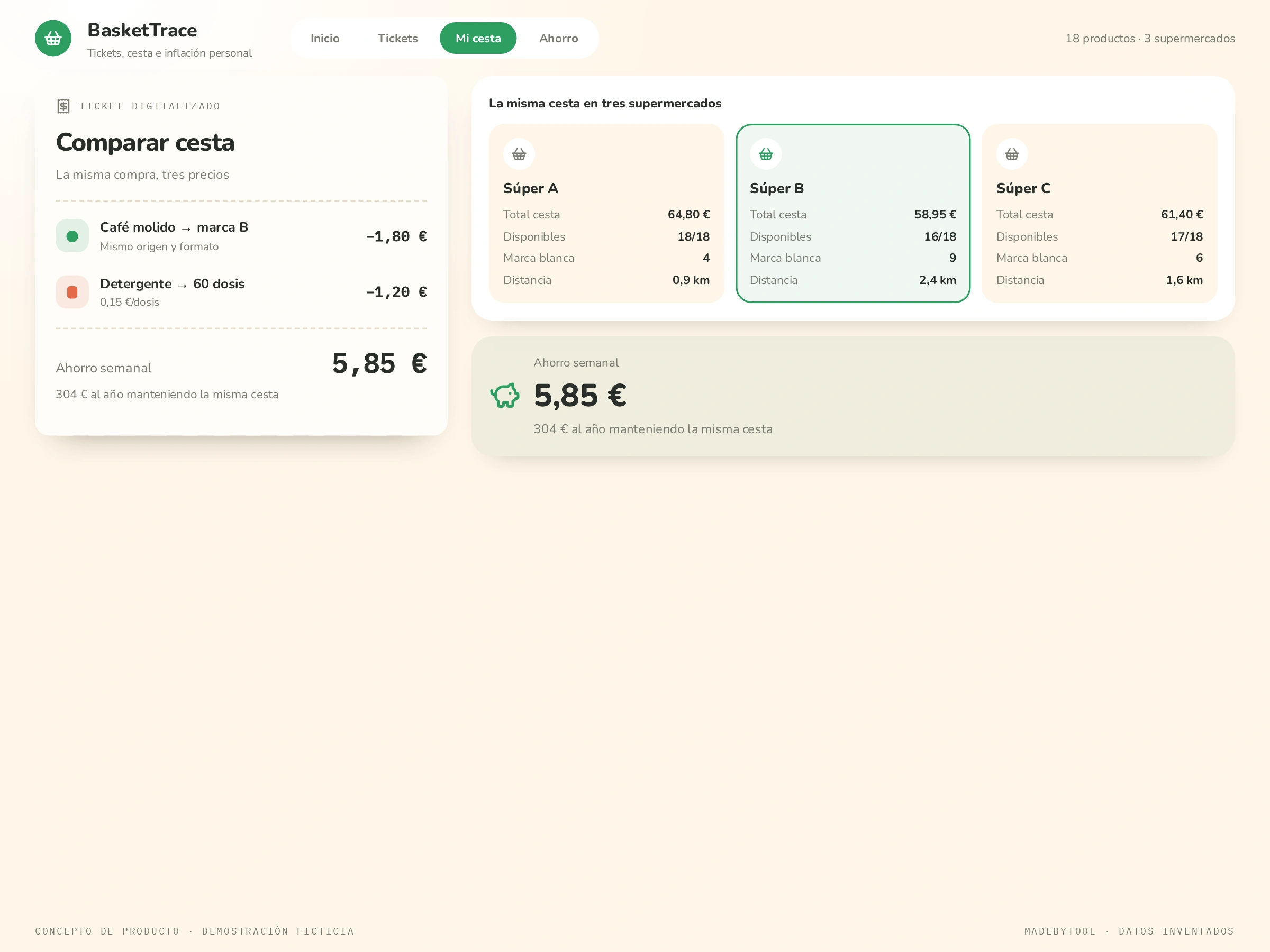 La misma cesta en tres supermercados en BasketTrace: Comparación de tu cesta real, sustituciones equivalentes y ahorro semanal estimado.
