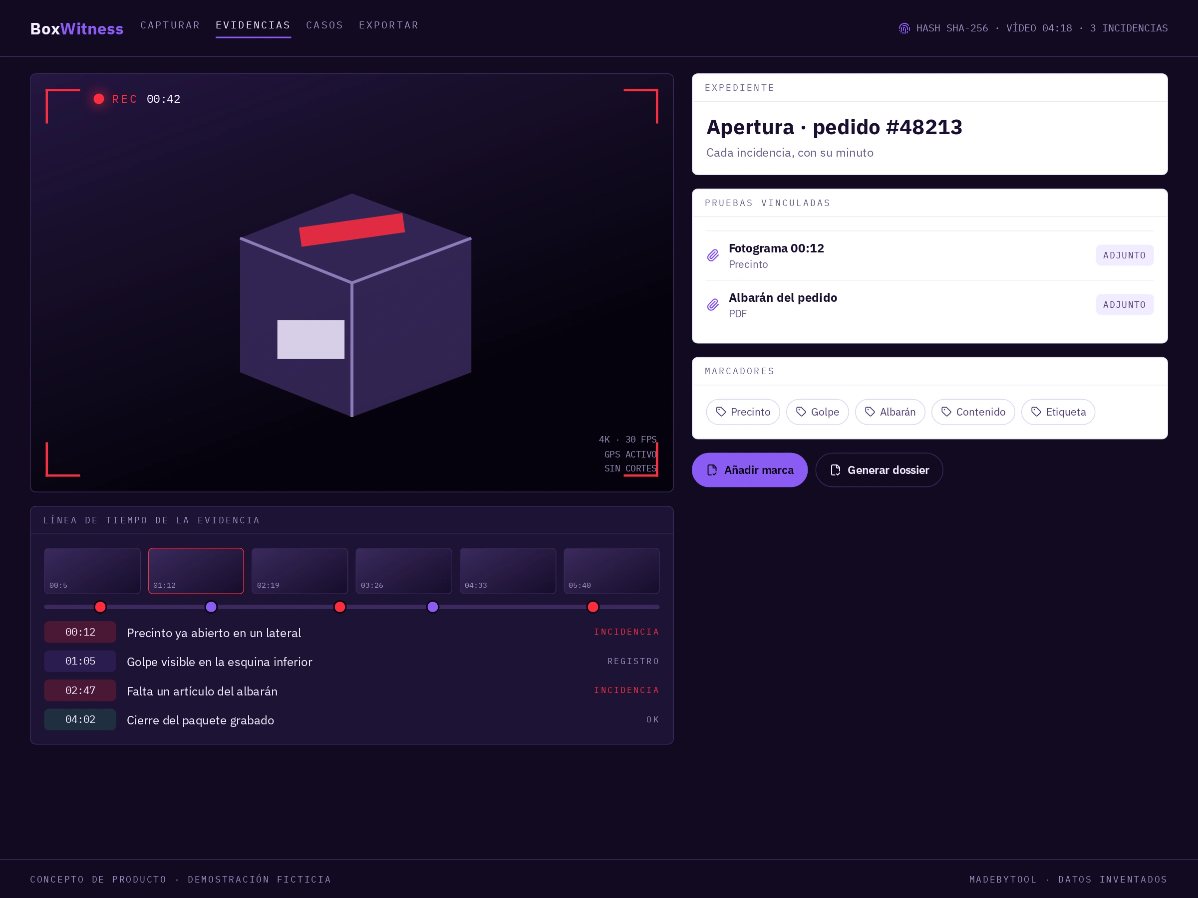 Timeline del vídeo con incidencias en BoxWitness: Marcas de tiempo con la incidencia detectada y la prueba vinculada a cada una.