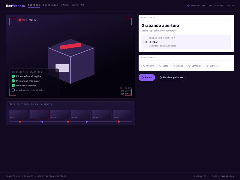 Demostración de alta fidelidad de boxwitness: pantalla principal con explicaciones.