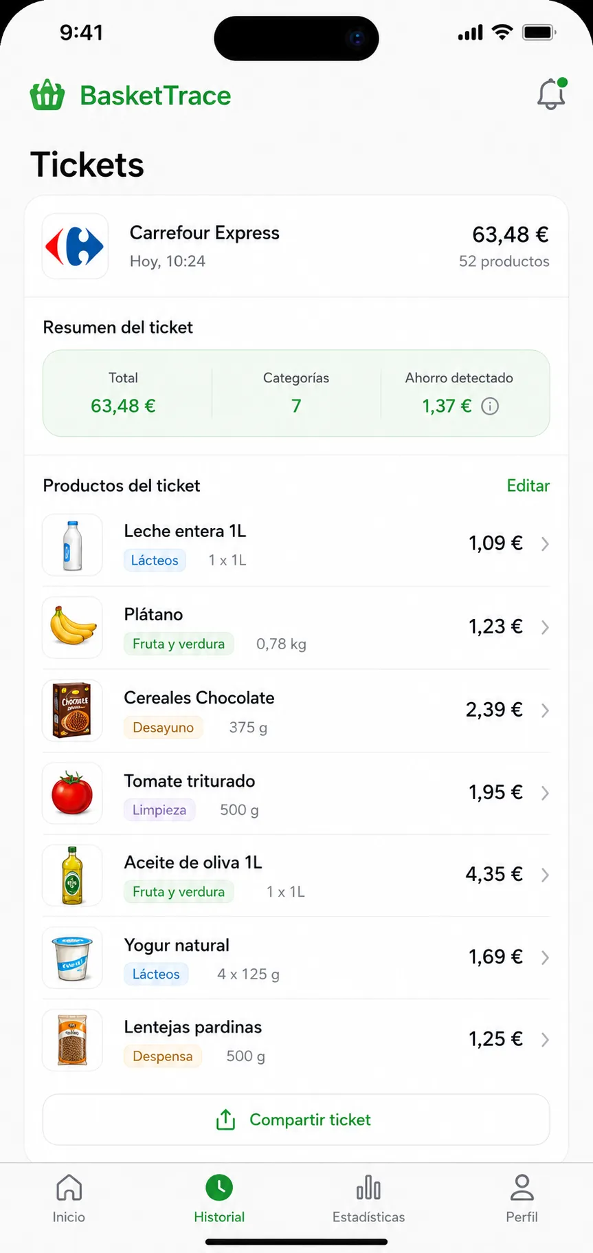 La misma cesta en tres supermercados en BasketTrace: Comparación de tu cesta real, sustituciones equivalentes y ahorro semanal estimado.