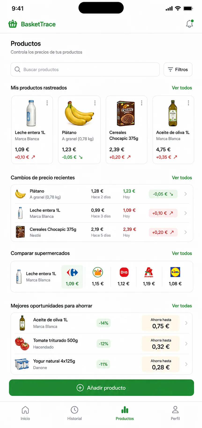 Composición conceptual de BasketTrace: la app de seguimiento de la cesta rodeada de fruta, verdura y productos reales de supermercado con un ticket de compra.