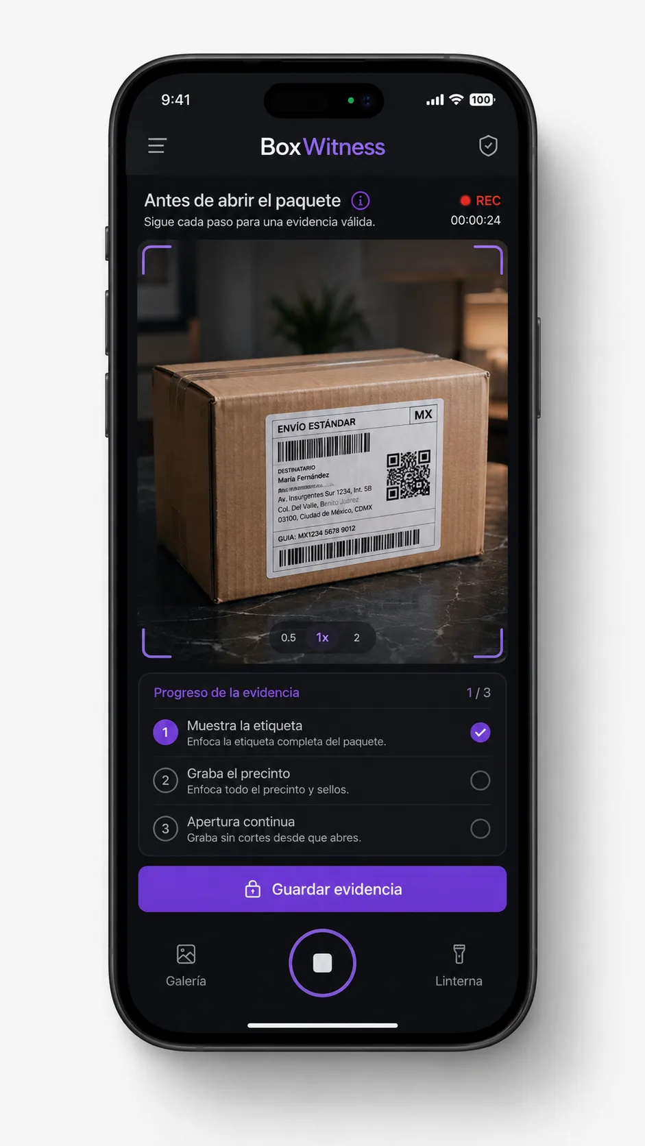 Timeline del vídeo con incidencias en BoxWitness: Marcas de tiempo con la incidencia detectada y la prueba vinculada a cada una.