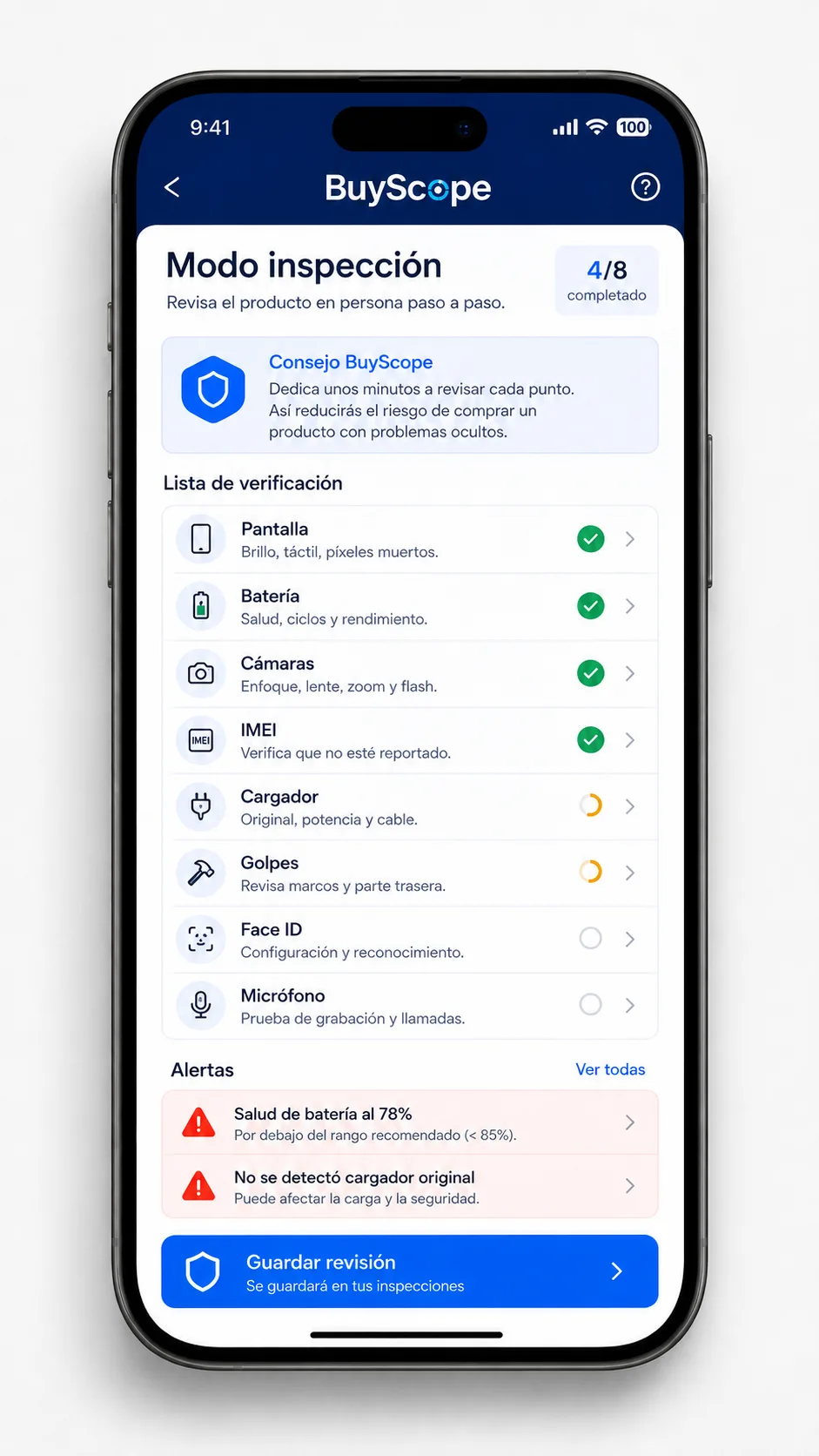 Comparador de anuncios en BuyScope: Oportunidad, coste estimado de reparación y confianza del vendedor, comparados.