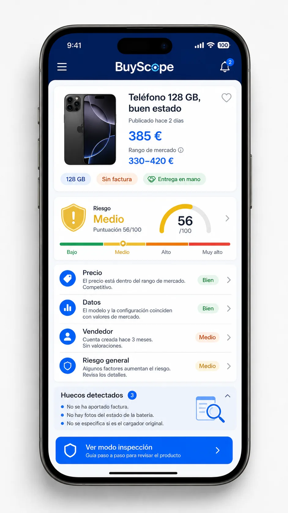 Composición conceptual de BuyScope: la app de análisis de anuncios de segunda mano sobre un escritorio limpio con móvil, caja y accesorios del producto revisado.