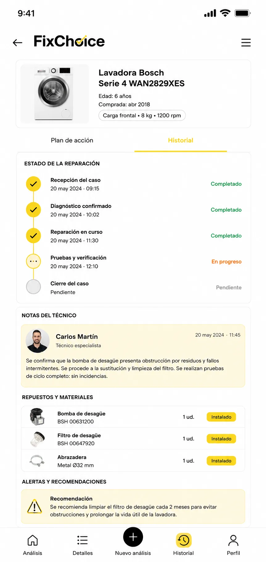 Recomendación final y acciones en FixChoice: La recomendación explicada y las acciones listas: reclamación, reparación o sustitutos.