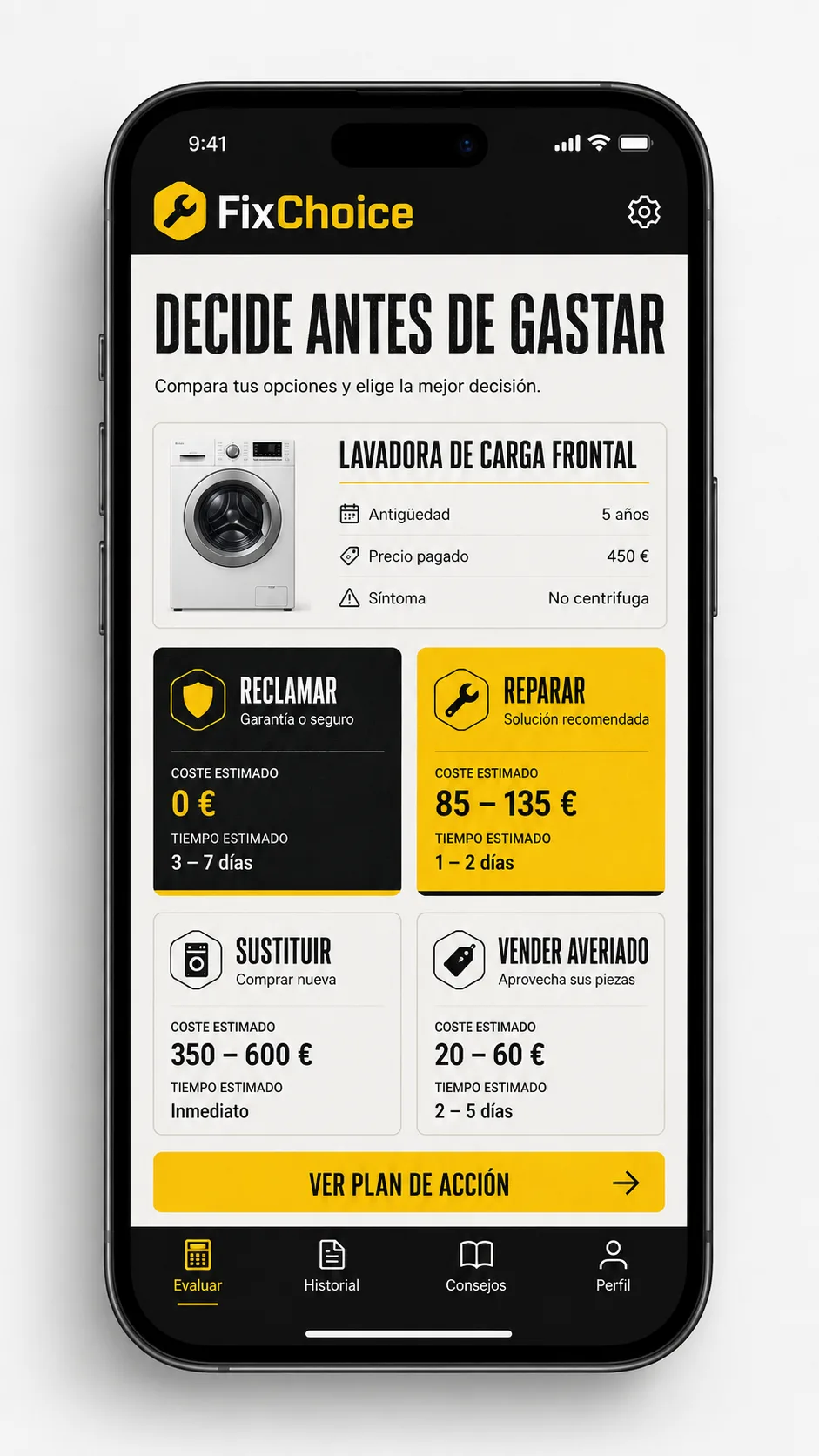 Composición conceptual de FixChoice: la app de decisión reparar o sustituir rodeada de herramientas, tornillos y piezas de un electrodoméstico averiado.