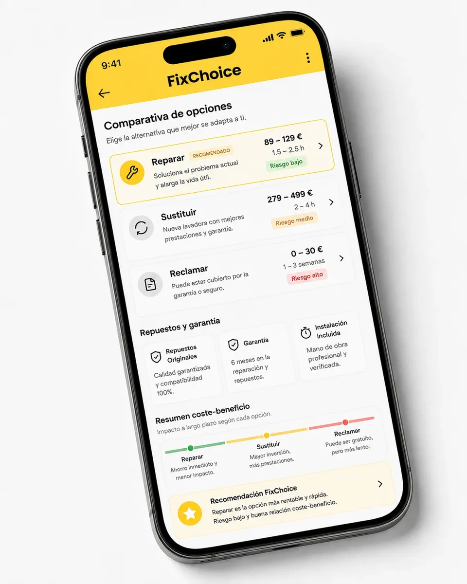 Reparar, reclamar o sustituir en FixChoice: Coste, tiempo, riesgo y vida útil esperada de cada opción, uno al lado del otro.