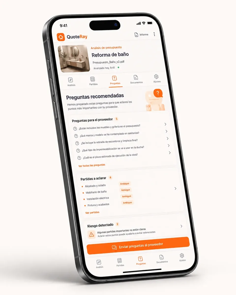 Comparador de tres presupuestos en QuoteRay: Precio, cobertura y exclusiones alineados en una sola vista para elegir con criterio.
